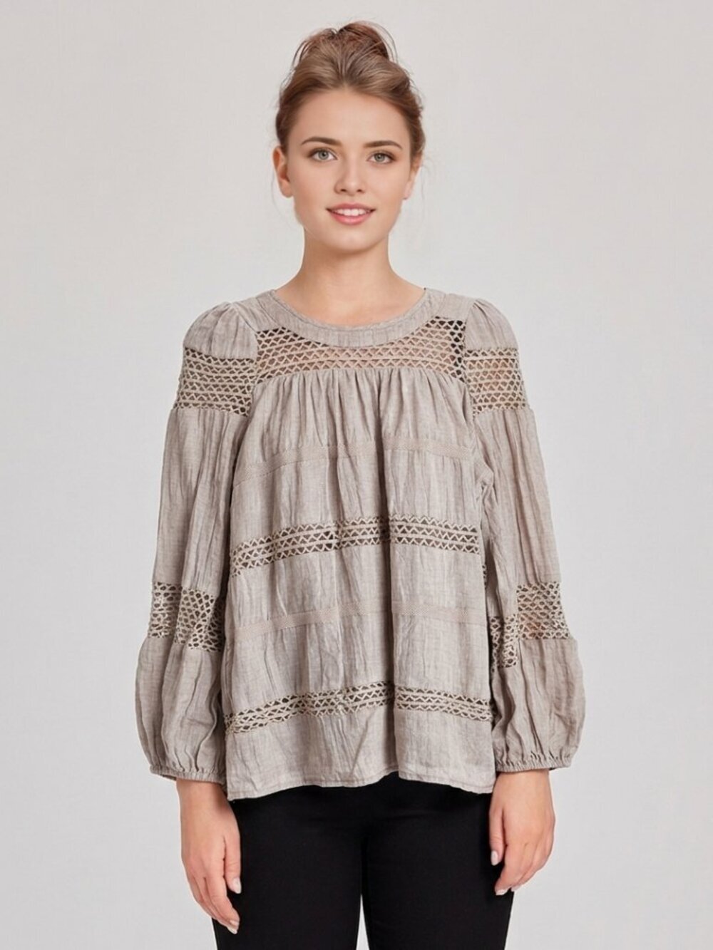 Ces Femme Tan Crochet Lace Peasant Boho Scoop Ruffle Neck Long Cuff Sleeve Top